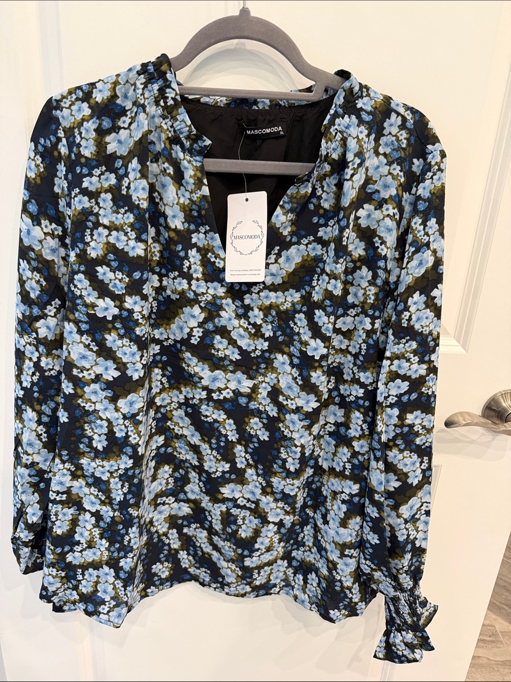 Blue Floral Long-Sleeve Women’s Blouse